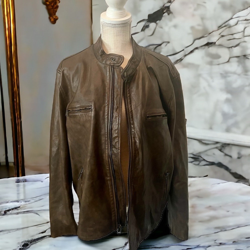 Mens Lucky Brand Brown Leather Jacket.  New With Tags Size XXL